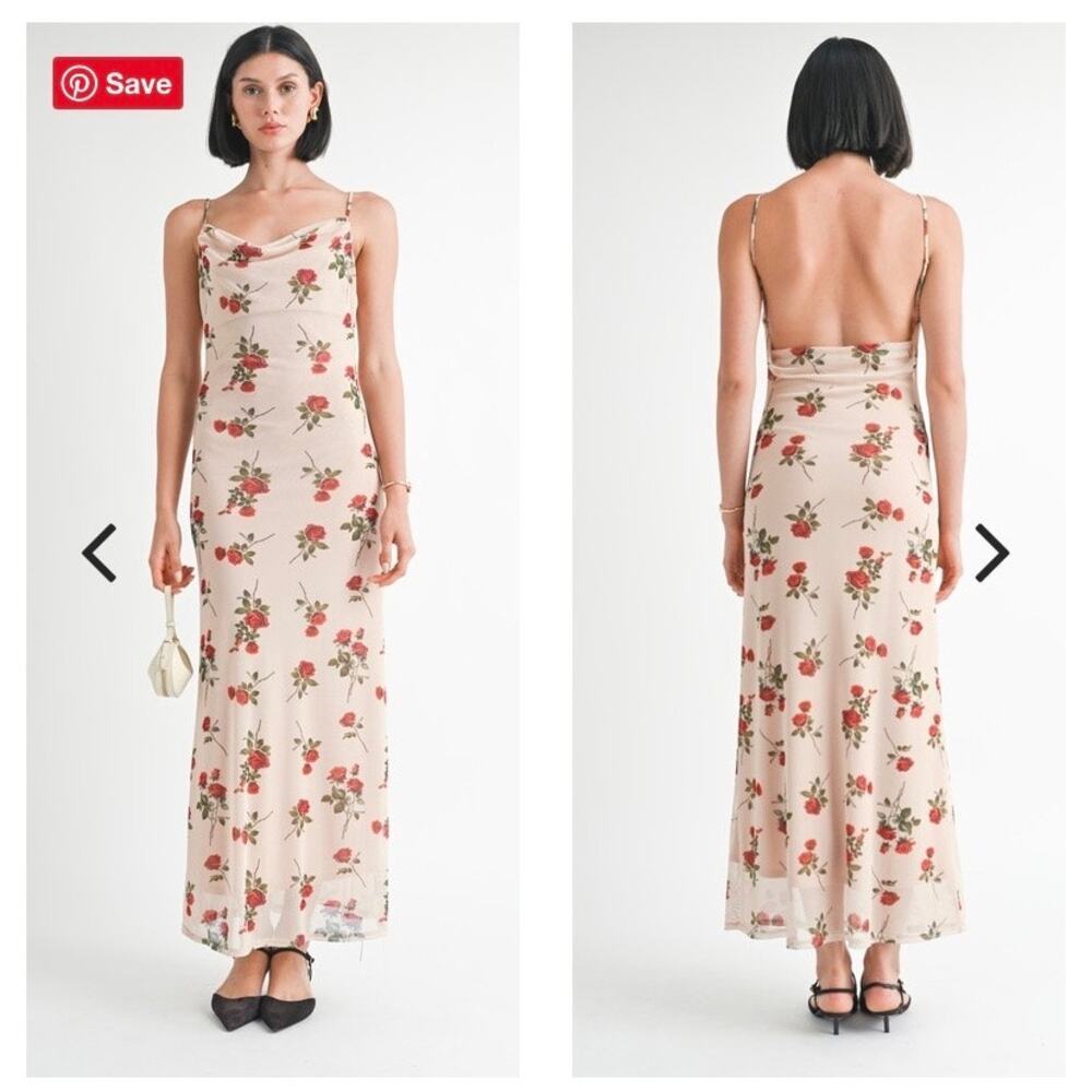 Stitch & Feather Womens Sz Small Maxi Dress Roses Low Back Romantic Feminine
